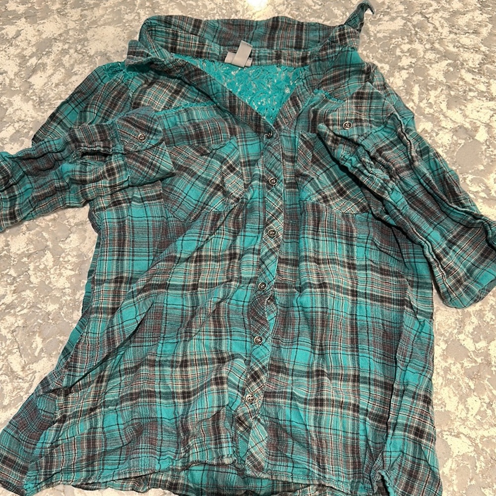 Vanity Teal and Black Plaid Button Down Shirt